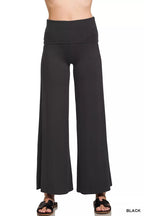 Women’s fold-over waist wide leg lounge pants by Zenana, soft stretch fabric, relaxed fit, minimalist casual loungewear, flattering high fold-over waistband