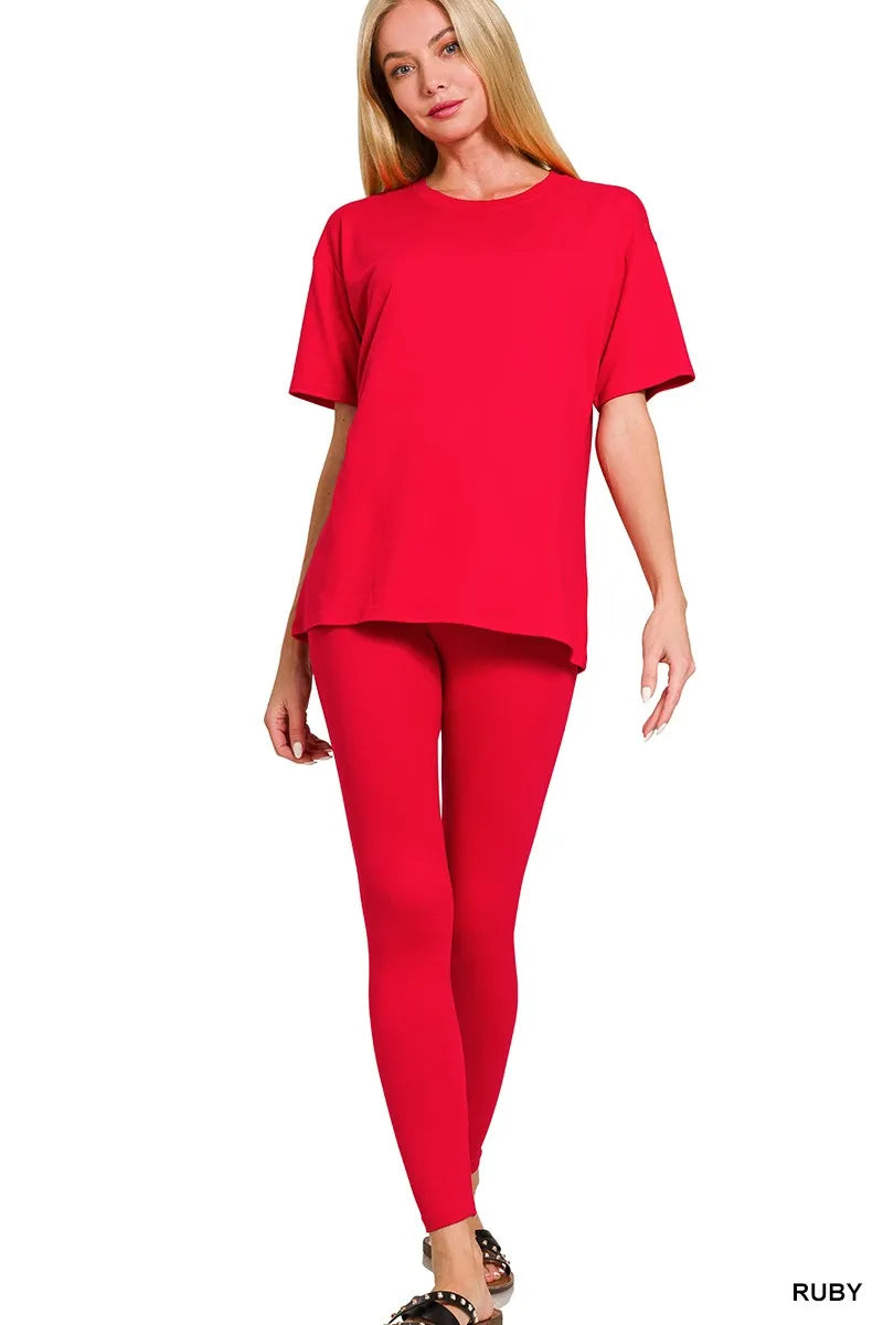 Scarlet red short sleeve lounge set by Zenana in brushed microfiber. Lightweight, breathable, soft stretch knit with a relaxed, mom-friendly, casual-cute fit.