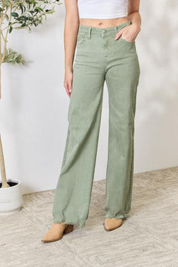 RISEN Jeans in Sage Green with Raw Hem and Wide-Leg