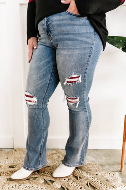Judy Blue Jeans Mid Rise Bootcut With Plaid Patch Detail